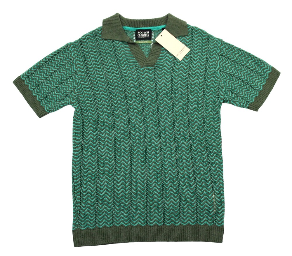 Scotch & Soda Mens Large Open Structured Knitted V Neck Polo Green NWT $148